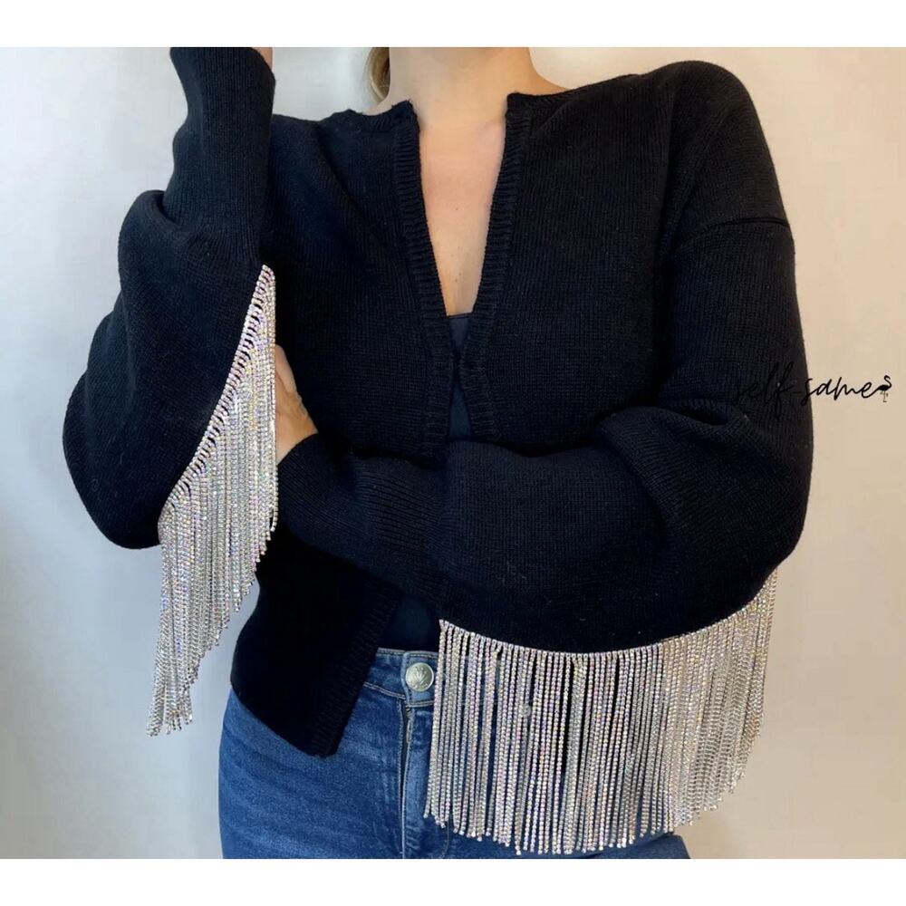 Rhinestone Fringe Cardigan Sweater Black Western Boho Glam Small - Picture 3 of 9